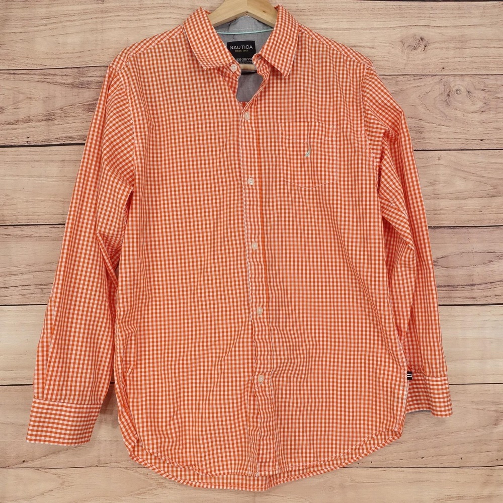 Nautica Shirt Boys XL 18-20 Orange Gingham Button Down Long Sleeve Pocket Youth